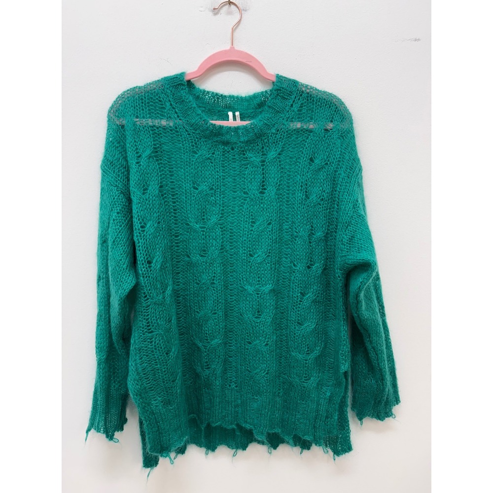Anthropologie Cable Knit Sweater One Size Green Distressed Frayed Wool Blend